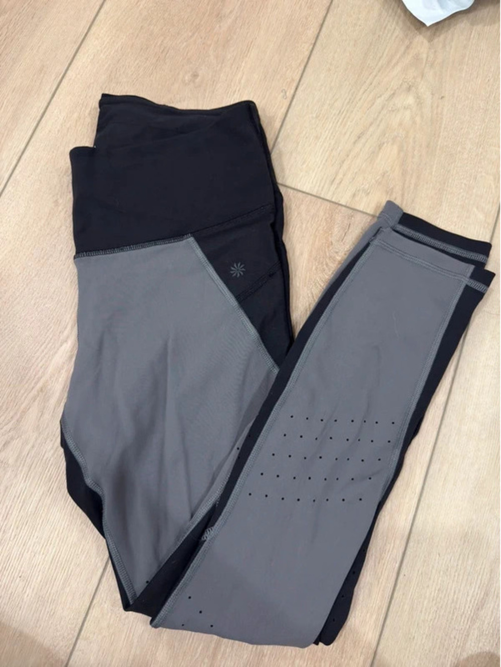 Athleta Colorblock Laser Cut High Rise Leggings Black Gray